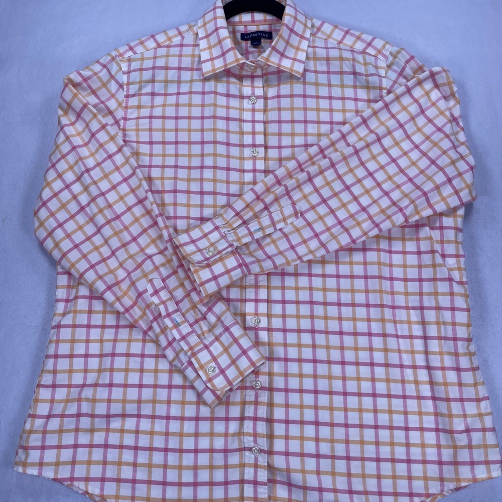 Lands End Pink Orange Plaid Button Down Shirt Womens 1X 16W-18W Cotton LS